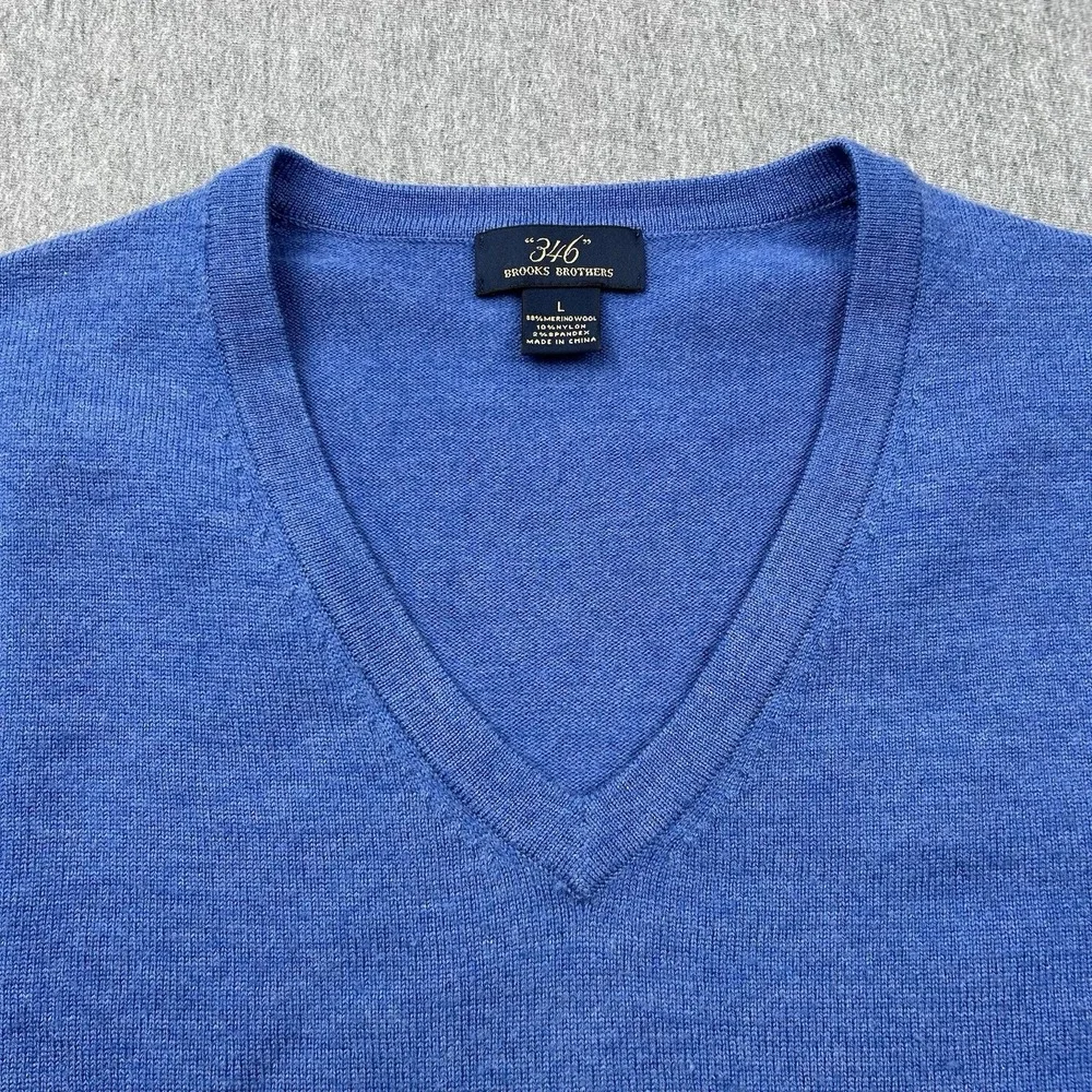 Brooks Brothers 346 Merino Wool Blend Mens Large Blue VNeck Sweater Long Sleeve - Picture 3 of 11